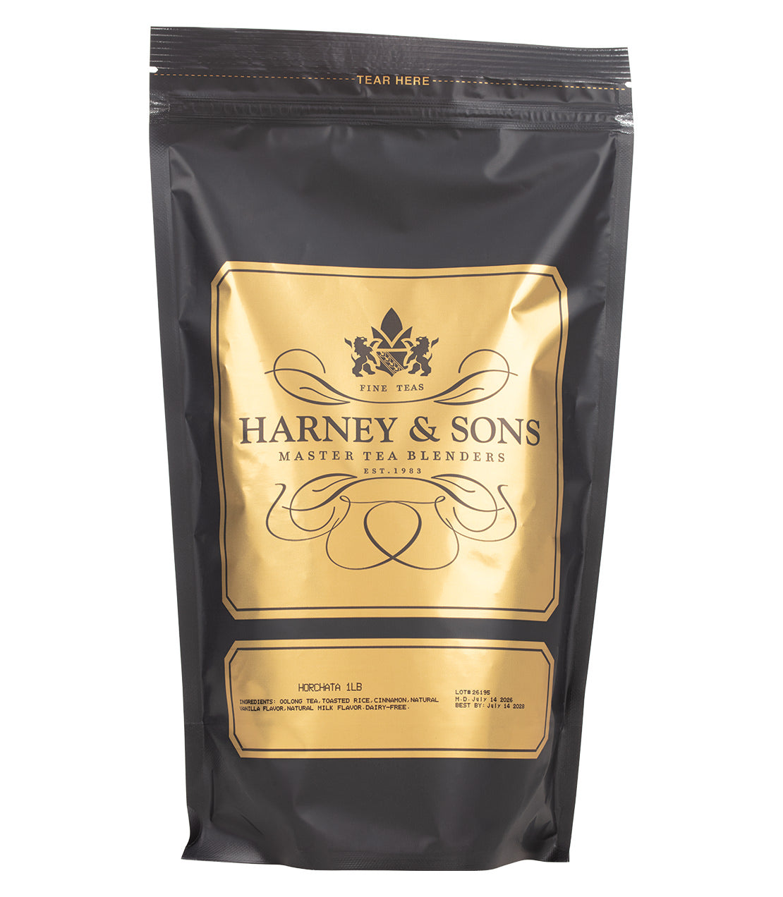 Black packaging of Harney & Sons Horchata tea, featuring gold accents and a tear-off top, 1 lb size.