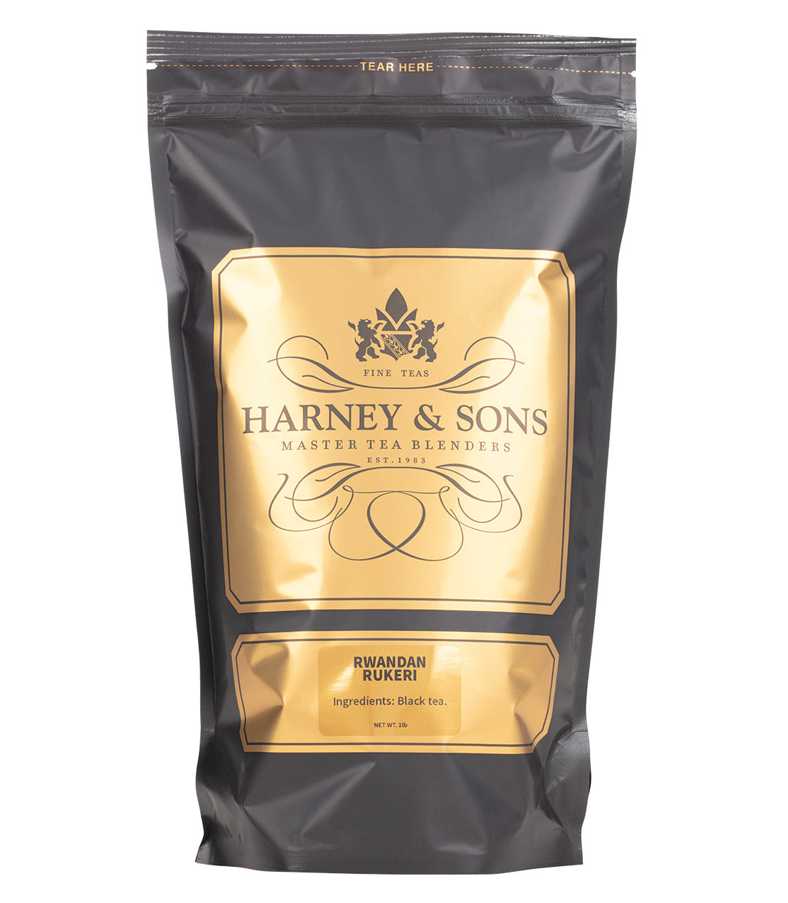 A black pouch containing one pound of Harney & Sons Rwanda Rukeri black tea, featuring gold labeling and a tear notch at the top.