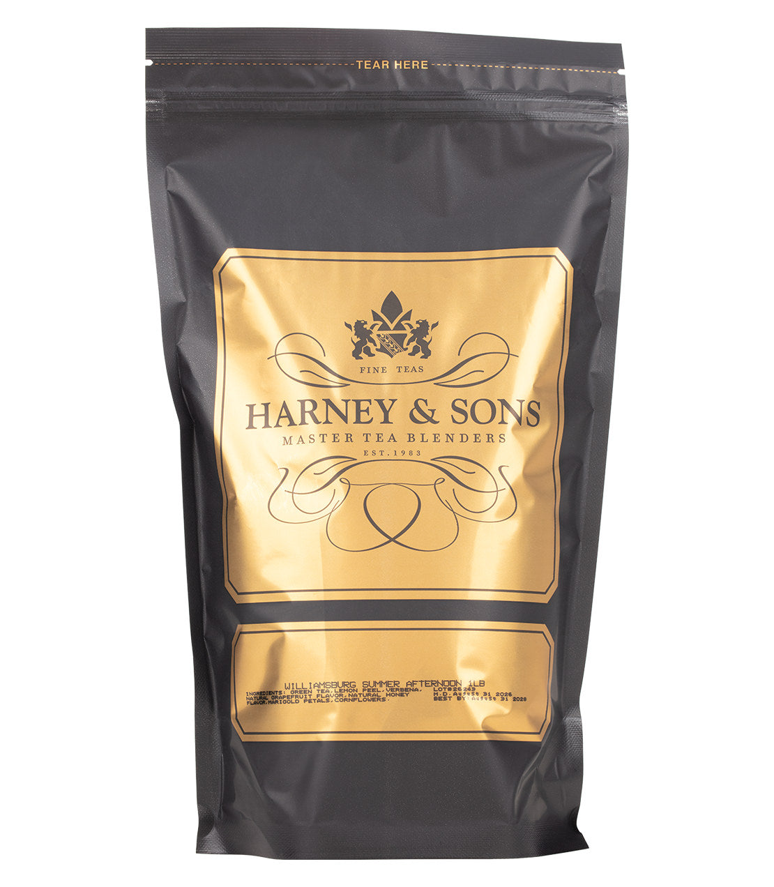 A black stand-up resealable pouch of Harney & Sons Master Tea Blenders tea, featuring a metallic gold central label on a white background.