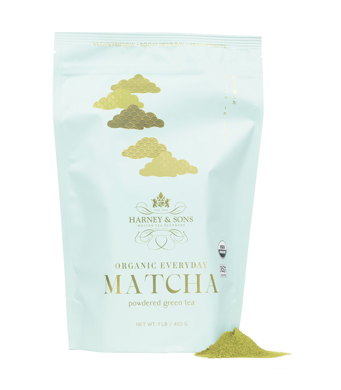 Harney & Sons Fine Teas- Organic Everyday Matcha powder 1LB Bag featuring a light blue design with gold accents- Pile of matcha powder pictured in front of bag