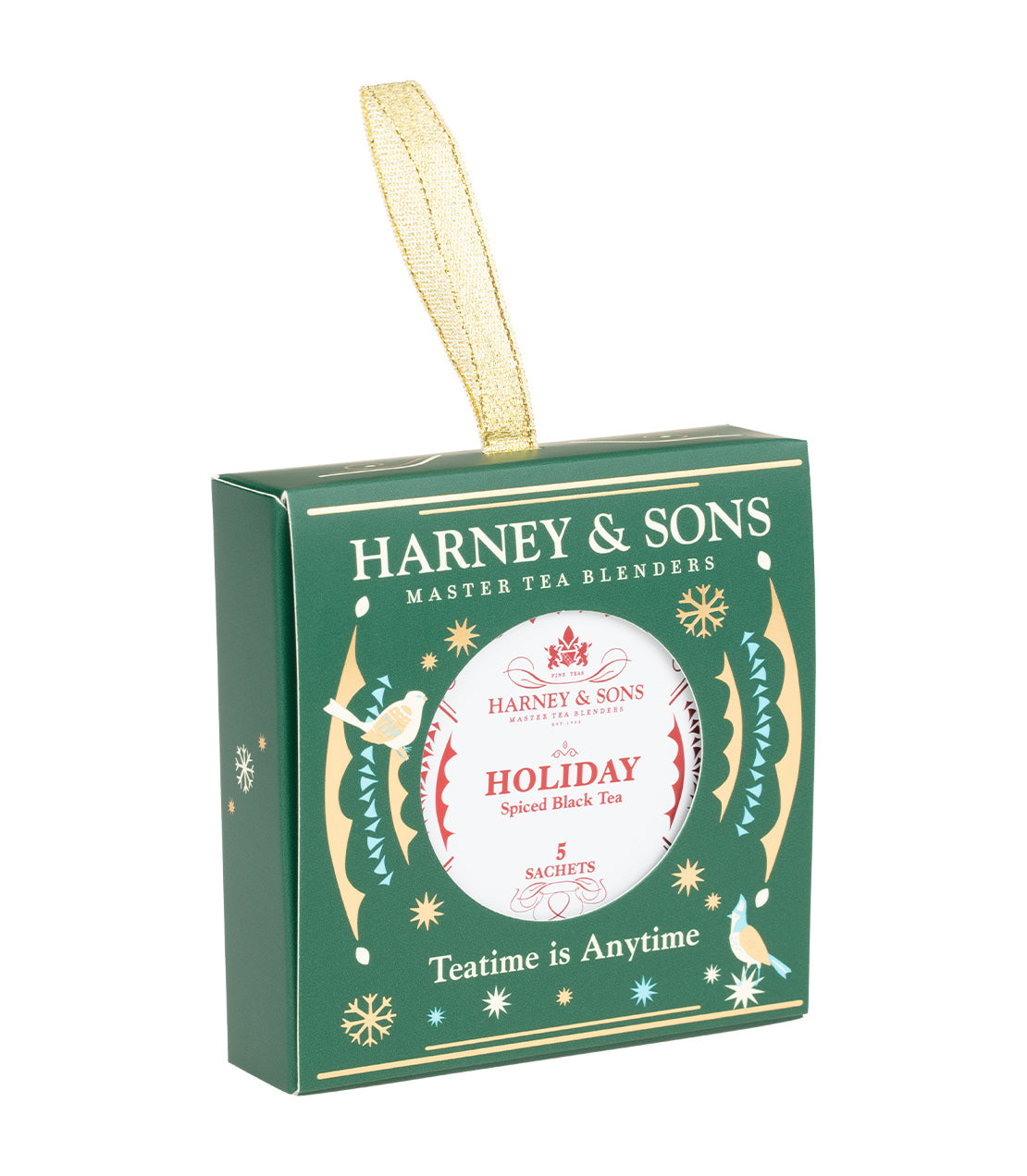 Harney & Sons Fine Teas- Holiday Tagalong Ornament- Tagalong of 5 sachets inside a festive green box with gold accents on a white background