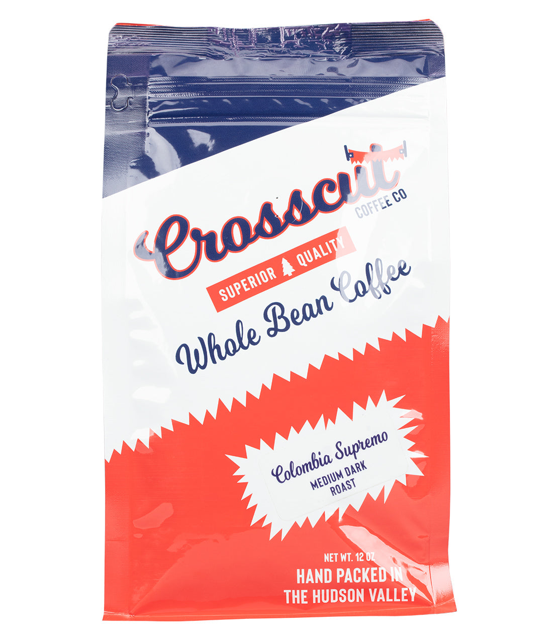 A bag of Crosscrit Coffee Co. Whole Bean Coffee, Colombia Supremo, Medium Dark Roast.