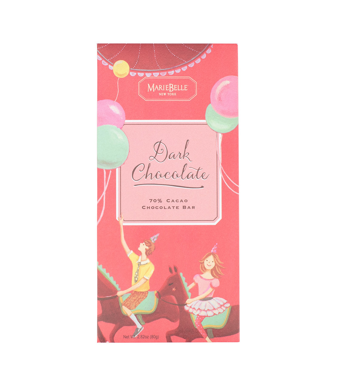 MarieBelle New York- Dark Chocolate- 2.82oz 70% Cacao Chocolate Bar in a red box with illustrated balloons and children riding horses