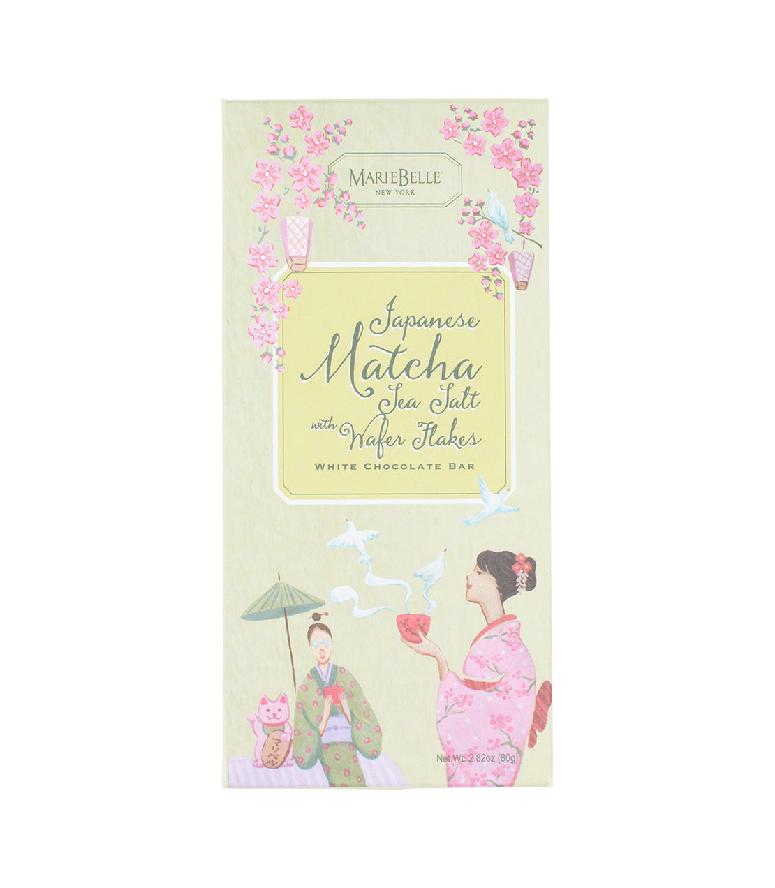 MarieBelle New York- 2.82OZ Japanese Matcha Sea Salt with Wafer Flakes White Chocolate Bar- Green Box with women in traditional Japanese attire with cups of tea and blooming flowers