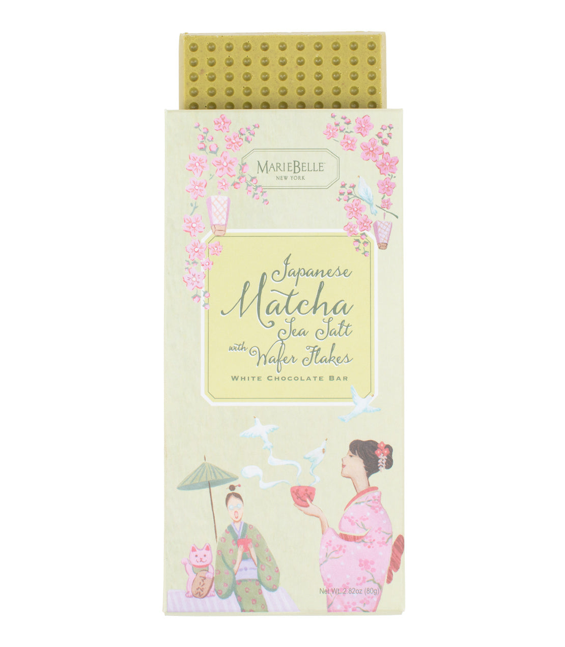 MarieBelle New York- 2.82OZ Japanese Matcha Sea Salt with Wafer Flakes White Chocolate Bar- Green Box with women in traditional Japanese attire with cups of tea and blooming flowers- Dimpled green chocolate visible coming out of top of box
