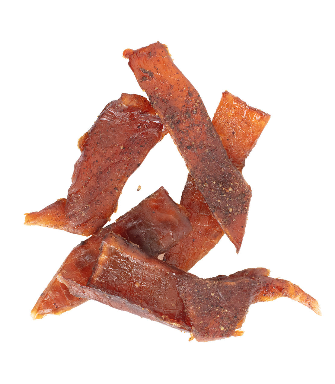 A pile of dried, seasoned fish meat strips against a white background.