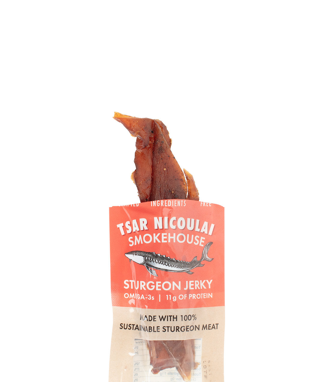 A package of sturgeon jerky from Tsar Nicolai Smokehouse, featuring a single piece of smoked fish jerky protruding from the top.