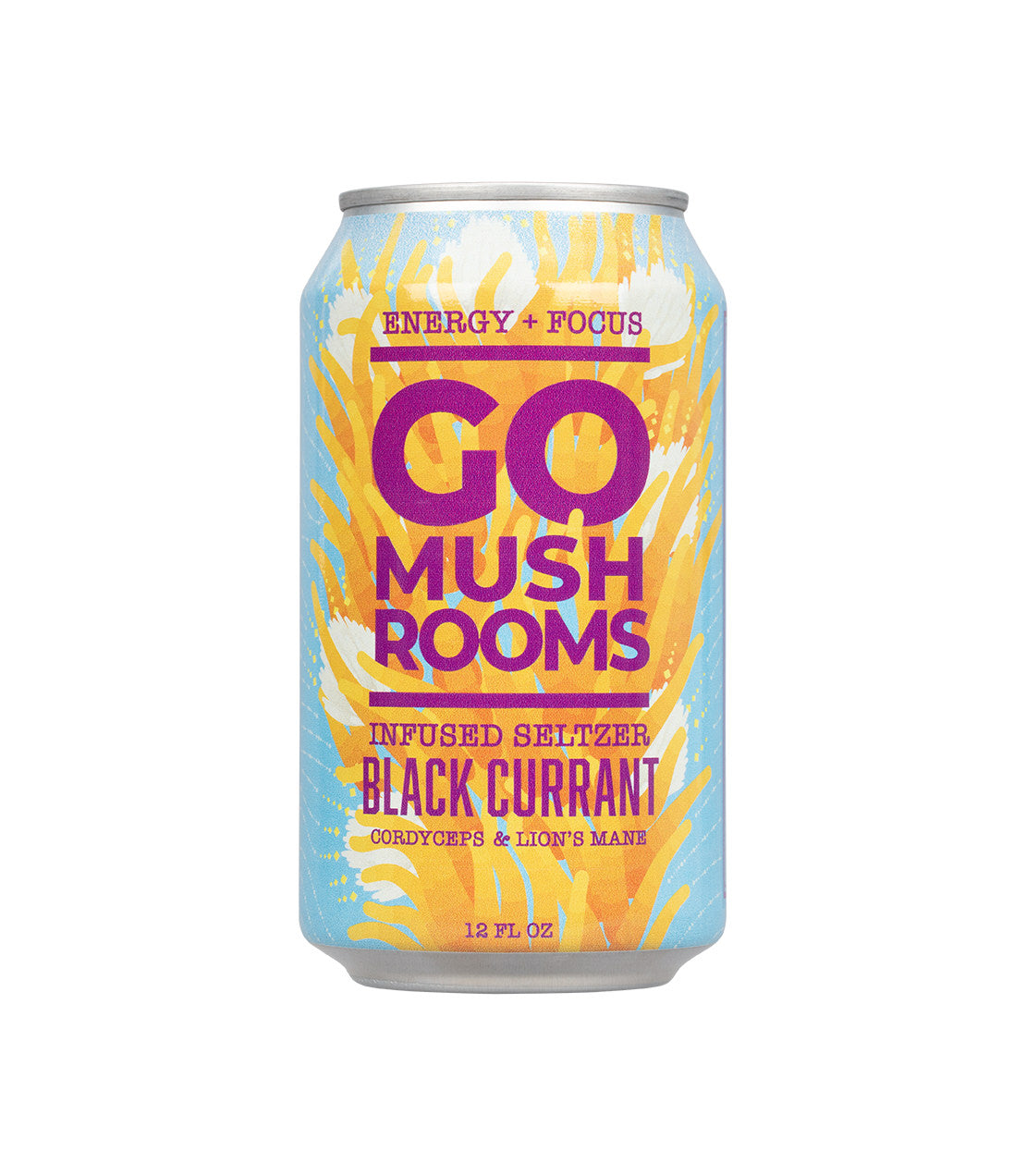 A can of Go Mush Rooms Black Currant infused seltzer with cordyceps and lion's mane, designed for energy and focus.