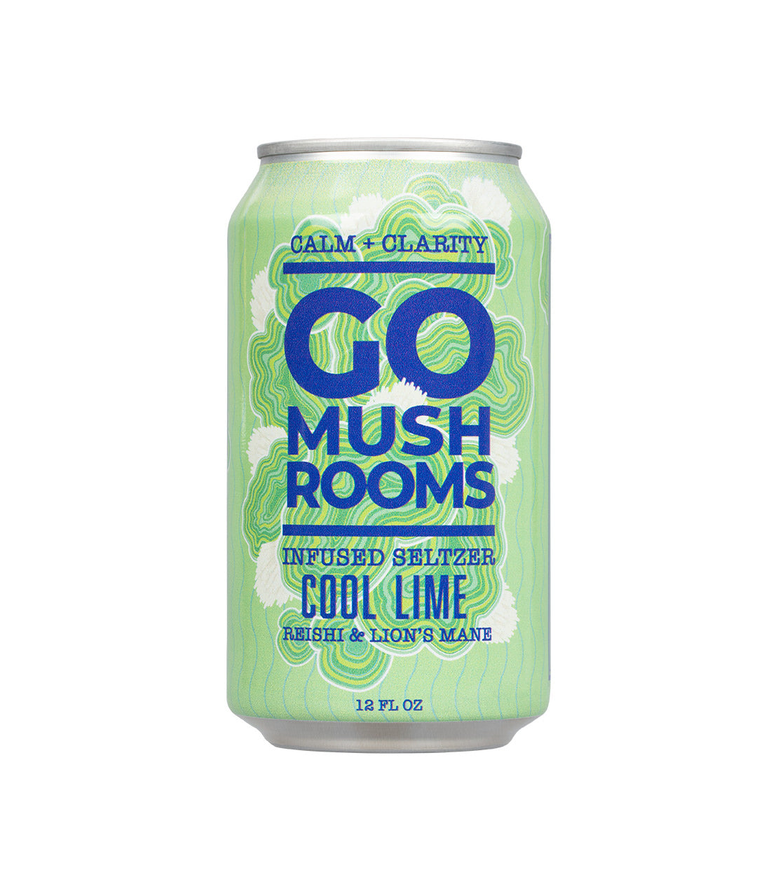 A can of Go Mushrooms Infused Seltzer in Cool Lime flavor, featuring Reishi & Lion's Mane, designed to promote calm and clarity.