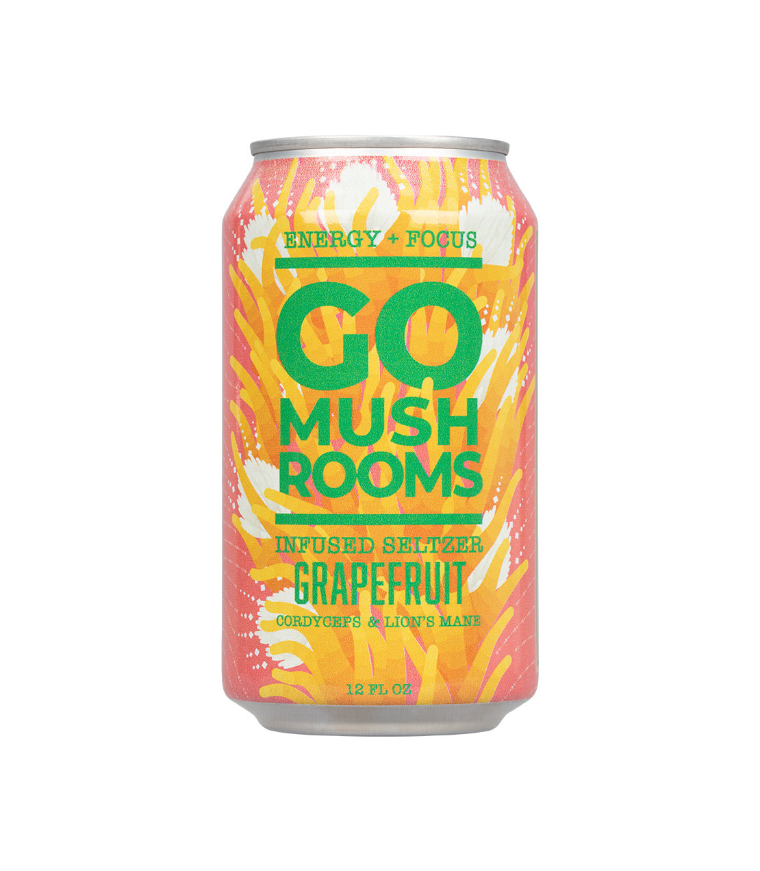 A can of Go Mushrooms Grapefruit Infused Seltzer, featuring vibrant orange and pink graphics with green text highlighting its energy and focus benefits