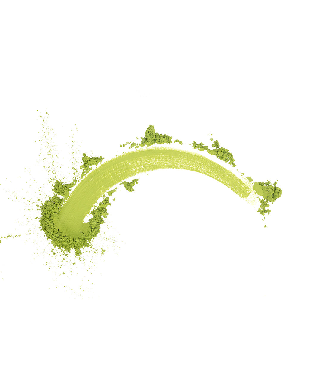 A curved smear of vibrant green matcha powder against a plain white background.