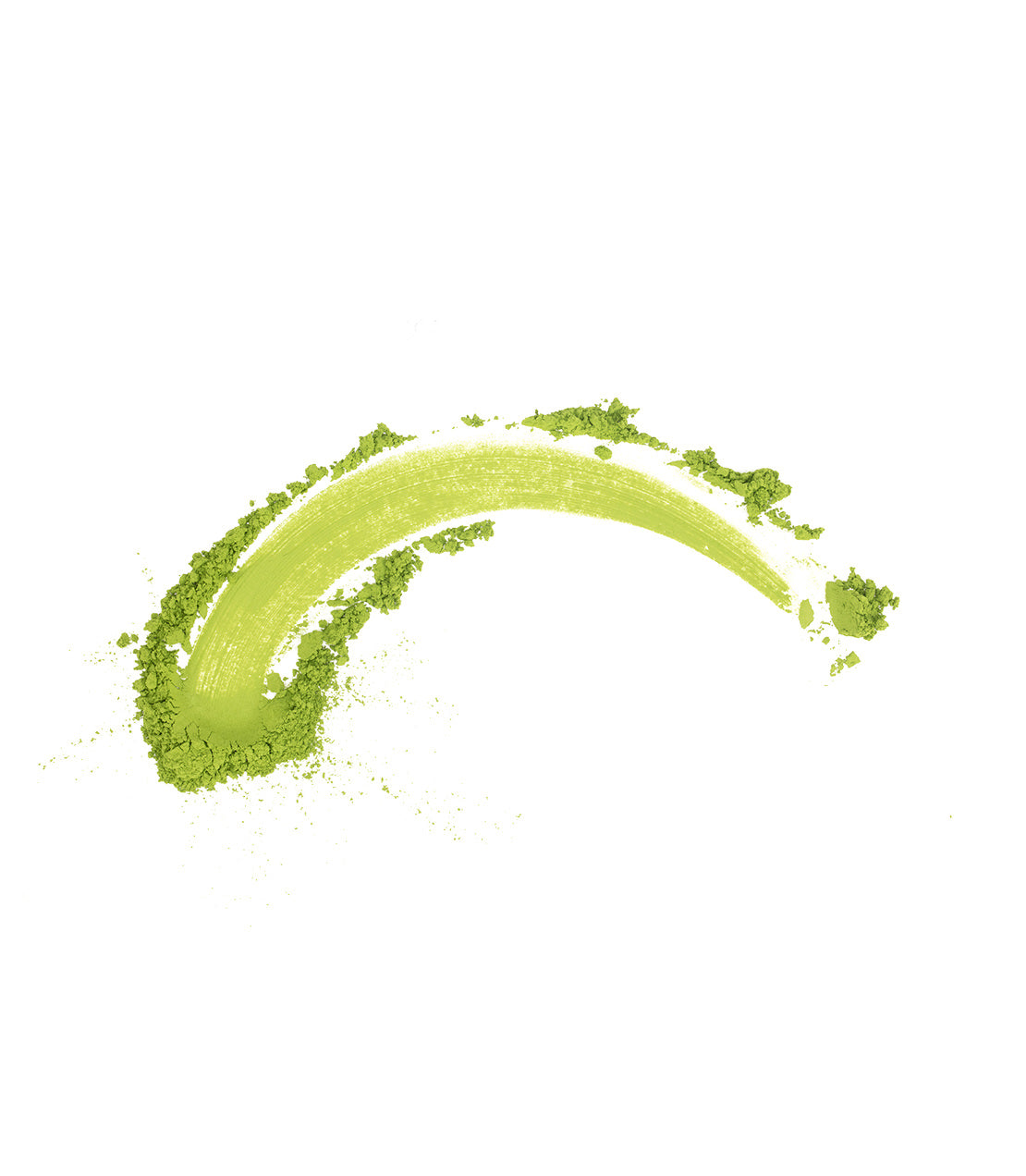 A curved smear of vibrant green matcha powder against a plain white background.