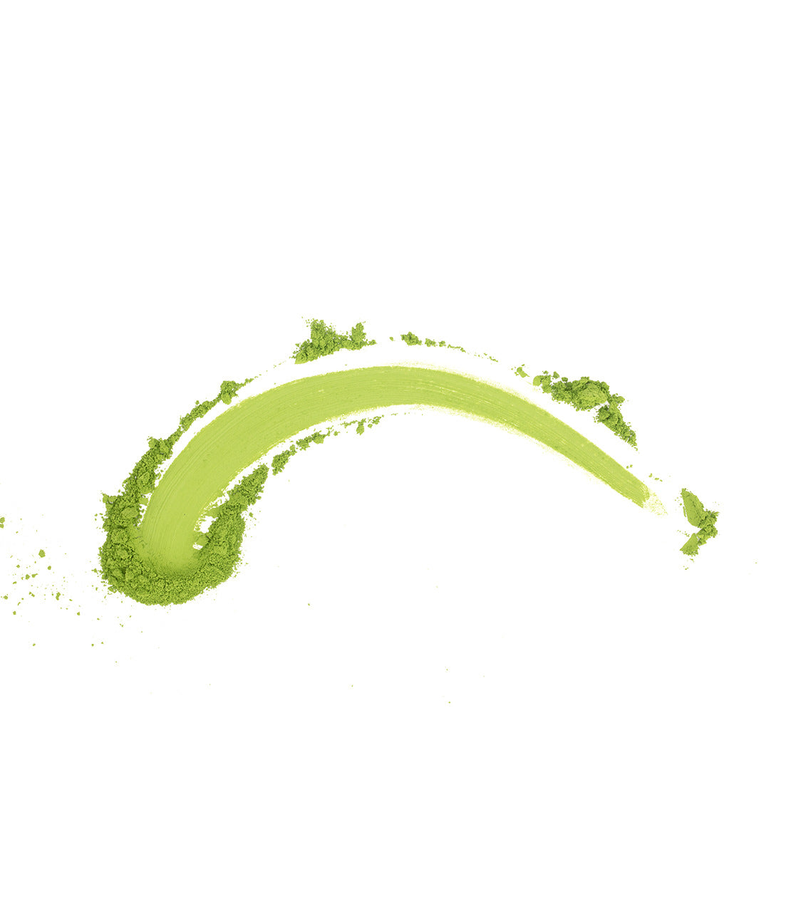 A curved smear of vibrant green matcha powder against a plain white background.