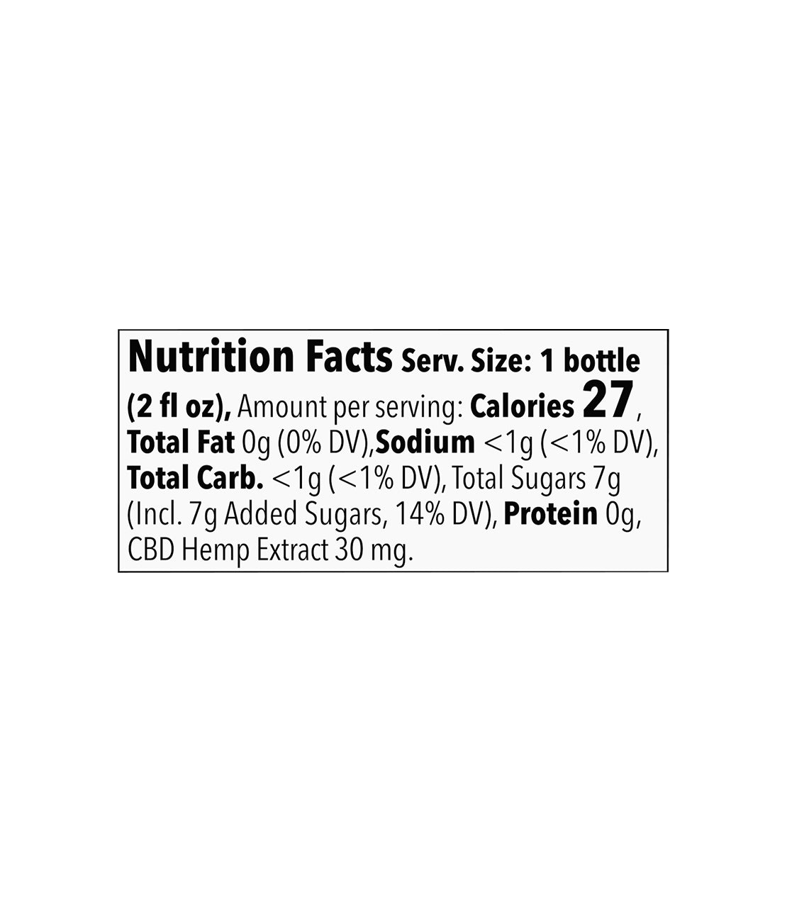 Nutrition facts for one 2 fl oz Matcha Shot: 27 calories, 7 g added sugars, and 30 mg hemp extract.