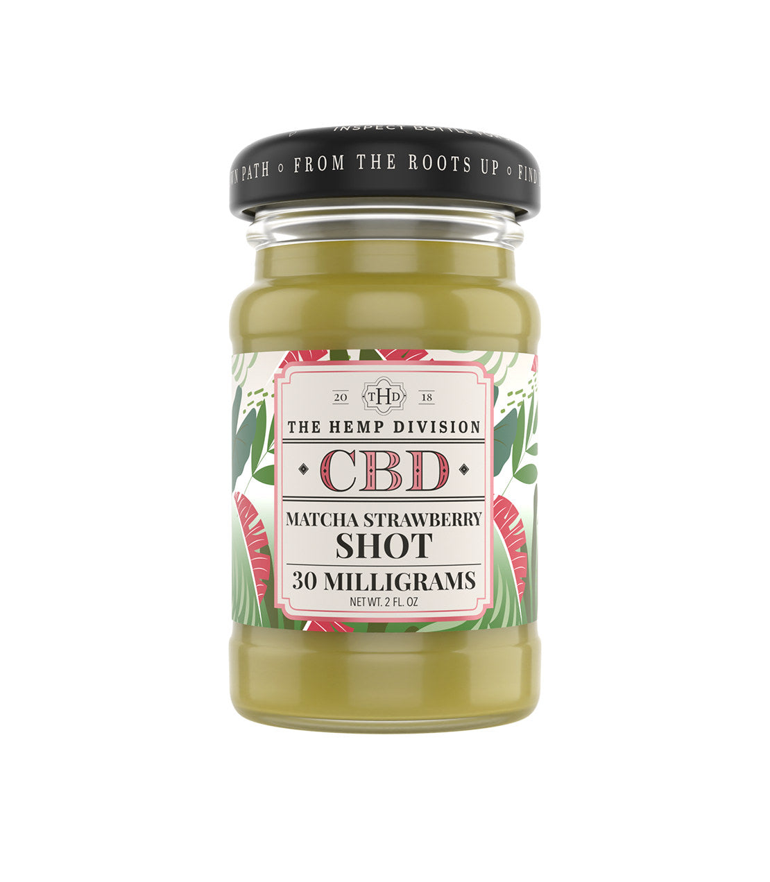 The Hemp Division Strawberry Matcha Shot, a 2 fl oz glass jar with a black lid and a pink and green tropical label, on a white background.
