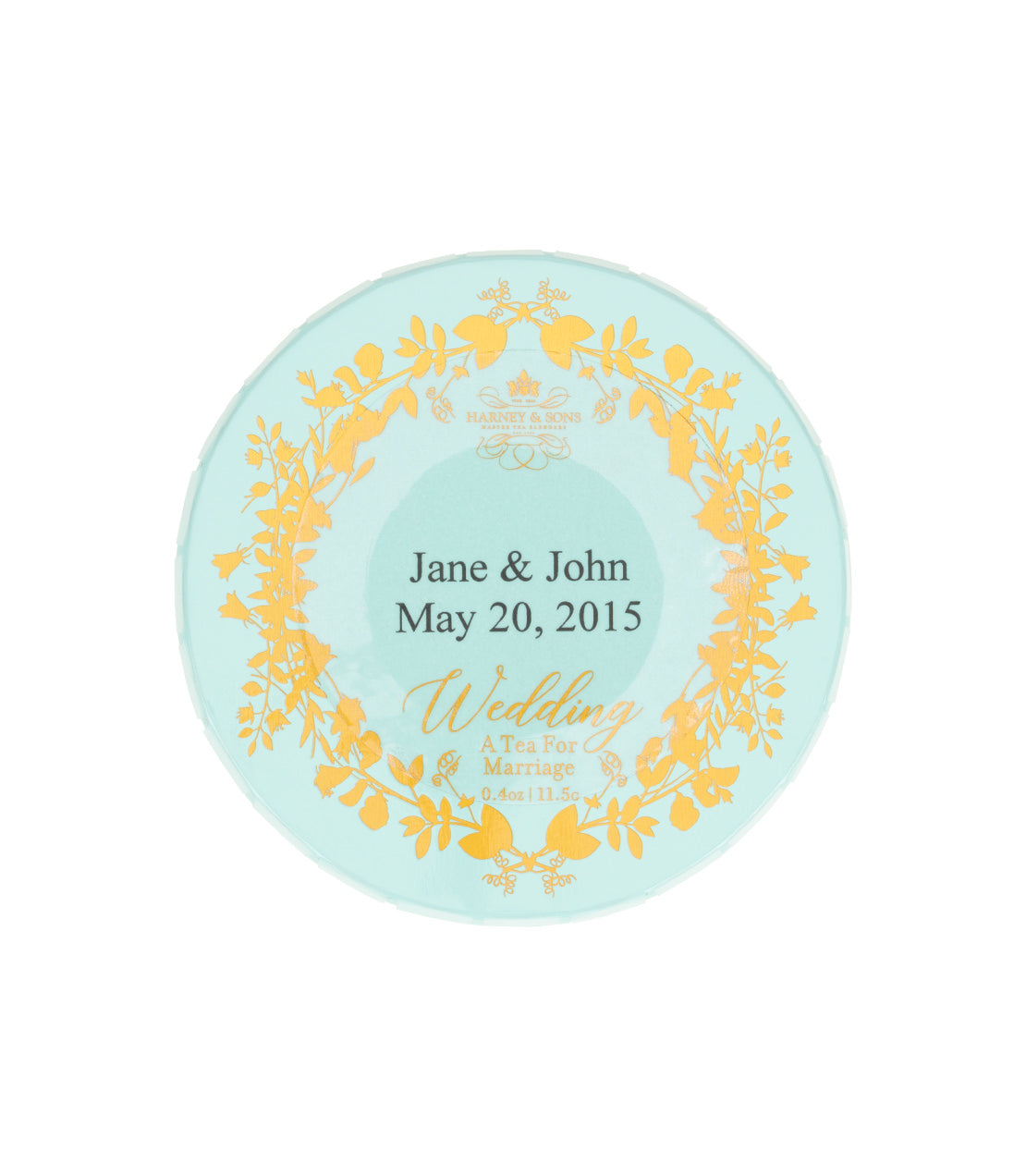 Harney & Sons Fine Teas- Elegant circular wedding tagalong tea tin featuring a floral design- personalized with names and wedding date, Jane & John, May 20, 2015- in light turquoise and gold.