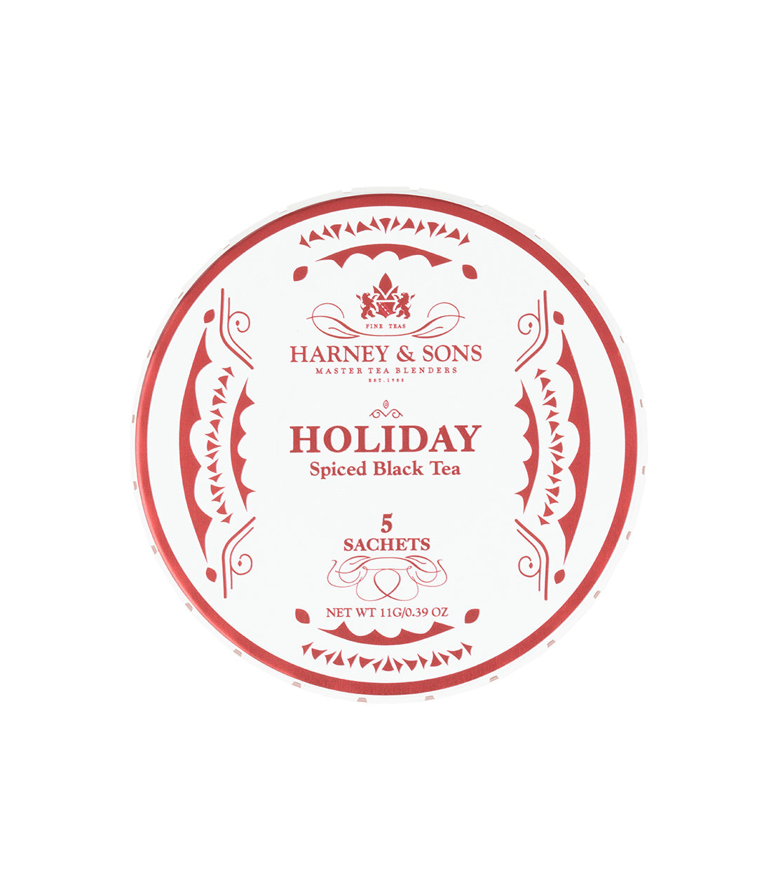 Round tin of Harney & Sons Holiday Spiced Black Tea, containing 5 sachets, with festive red and white design.