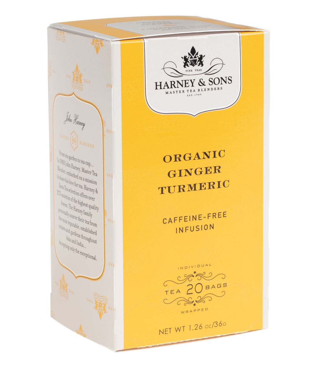 Harney & Sons Organic Ginger Turmeric tea box, featuring 20 caffeine-free infusion bags in a bright yellow design.