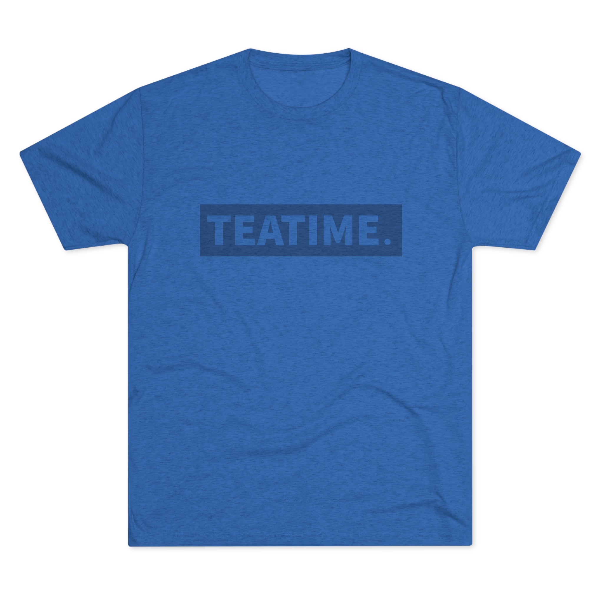 Blue graphic tee featuring the word "TEATIME." in bold, dark lettering across the front.