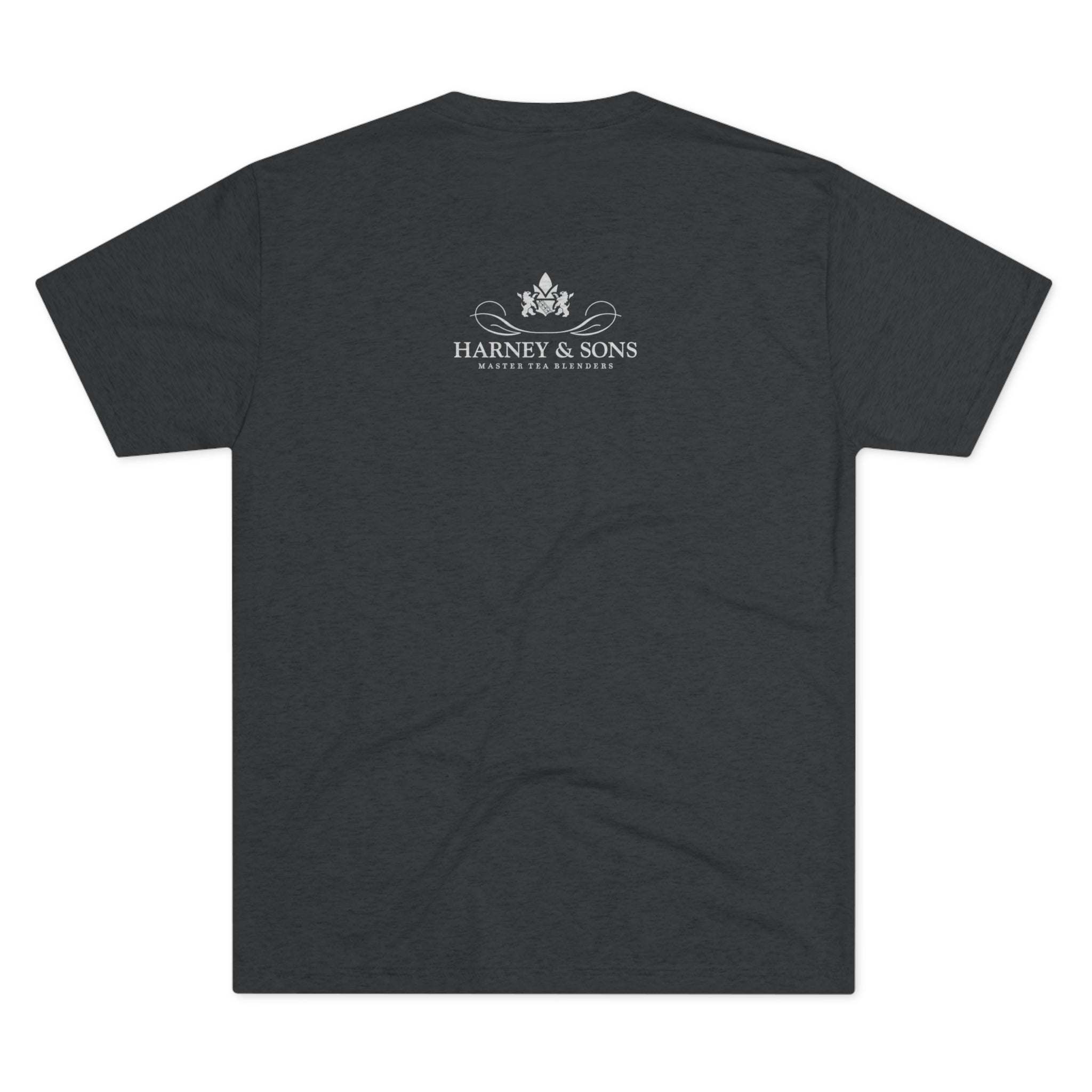 Dark gray graphic tee featuring "Harney & Sons" logo and decorative design on the back. Perfect for tea lovers.