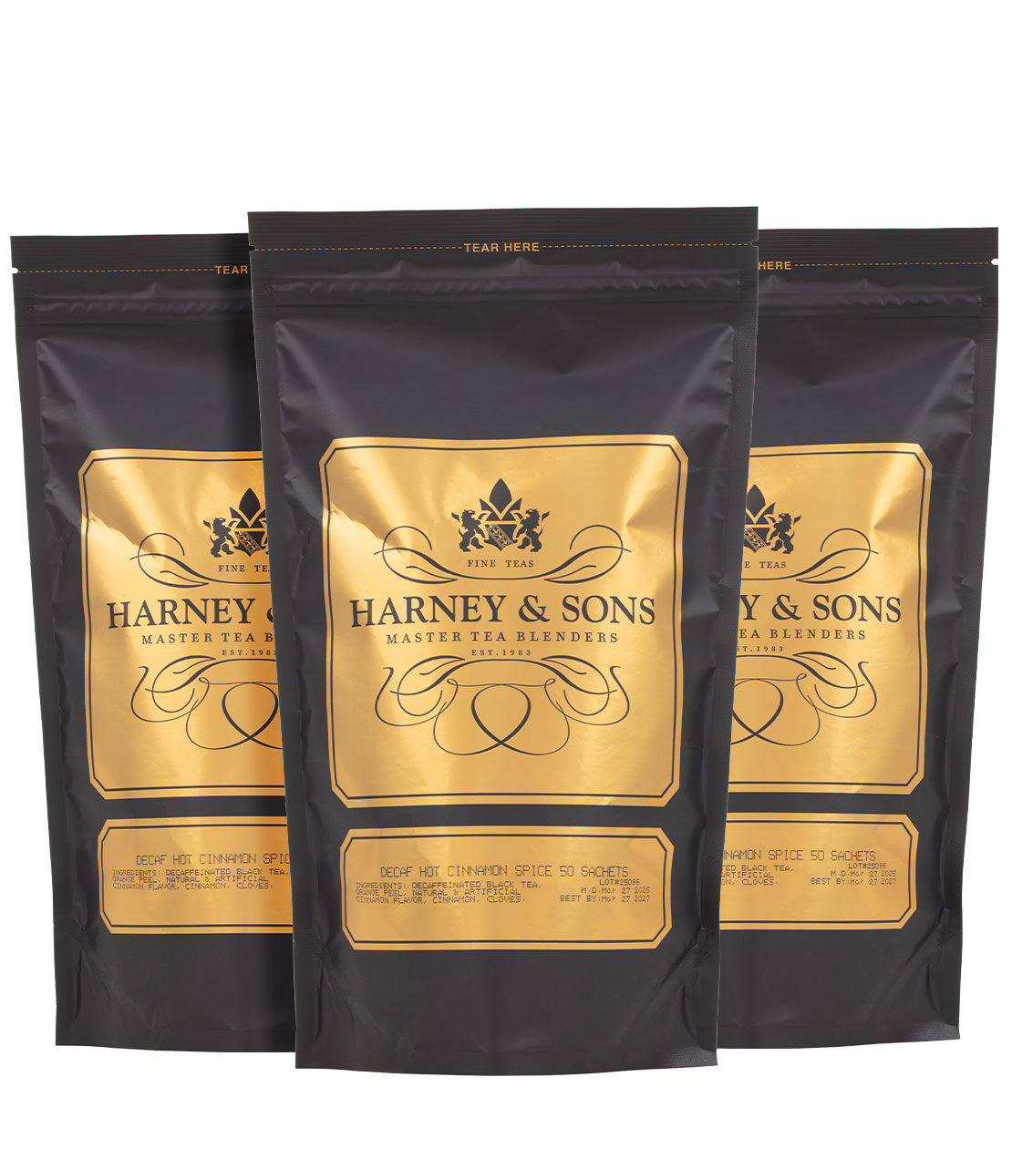 3 Bulk Bags of Harney and Sons Decaf Hot Cinnamon Spice Sachets on a white background