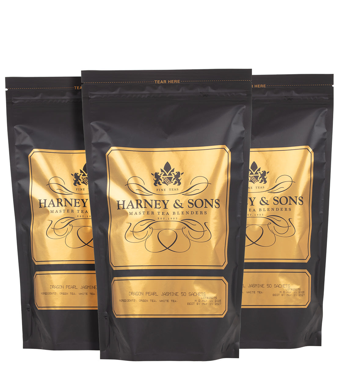 3 Bulk Bags of Harney and Sons Dragon Pearl Jasmine Sachets on a white background
