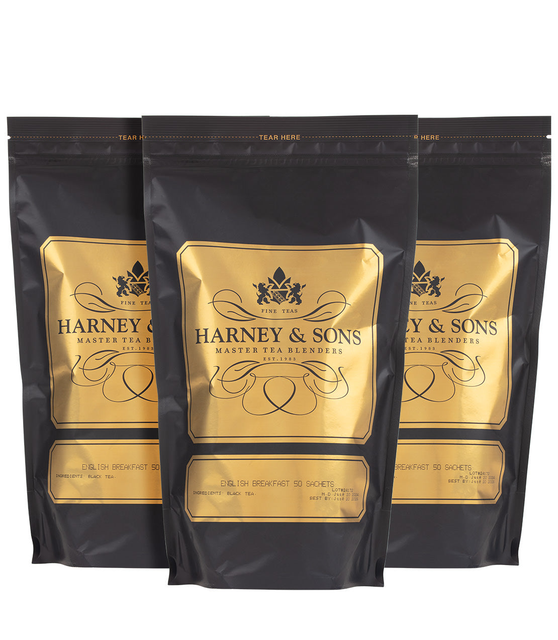 Harney & Sons English Breakfast Trio featuring three bags, each containing 50 tea sachets.