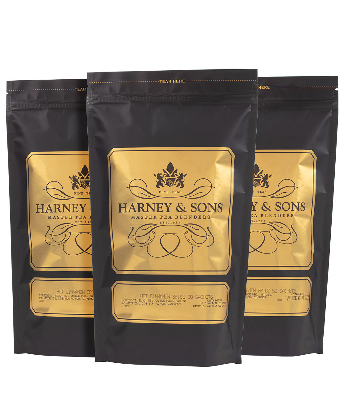 Hot Cinnamon Spice Trio featuring three bags of 50 sachets each from Harney & Sons, perfect for tea lovers.
