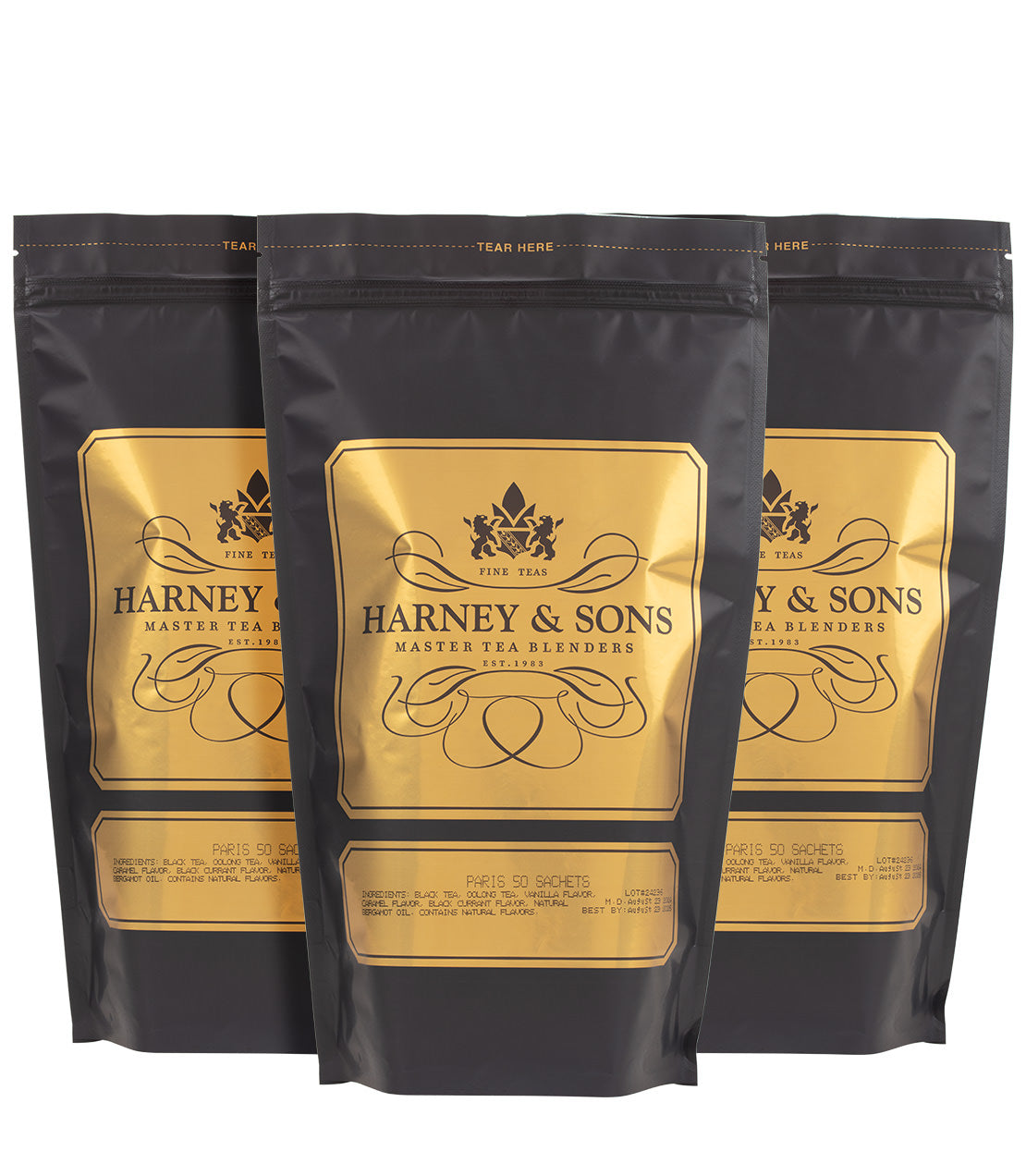 Harney & Sons Paris Trio tea set featuring three bags, each containing 50 sachets of fine tea.