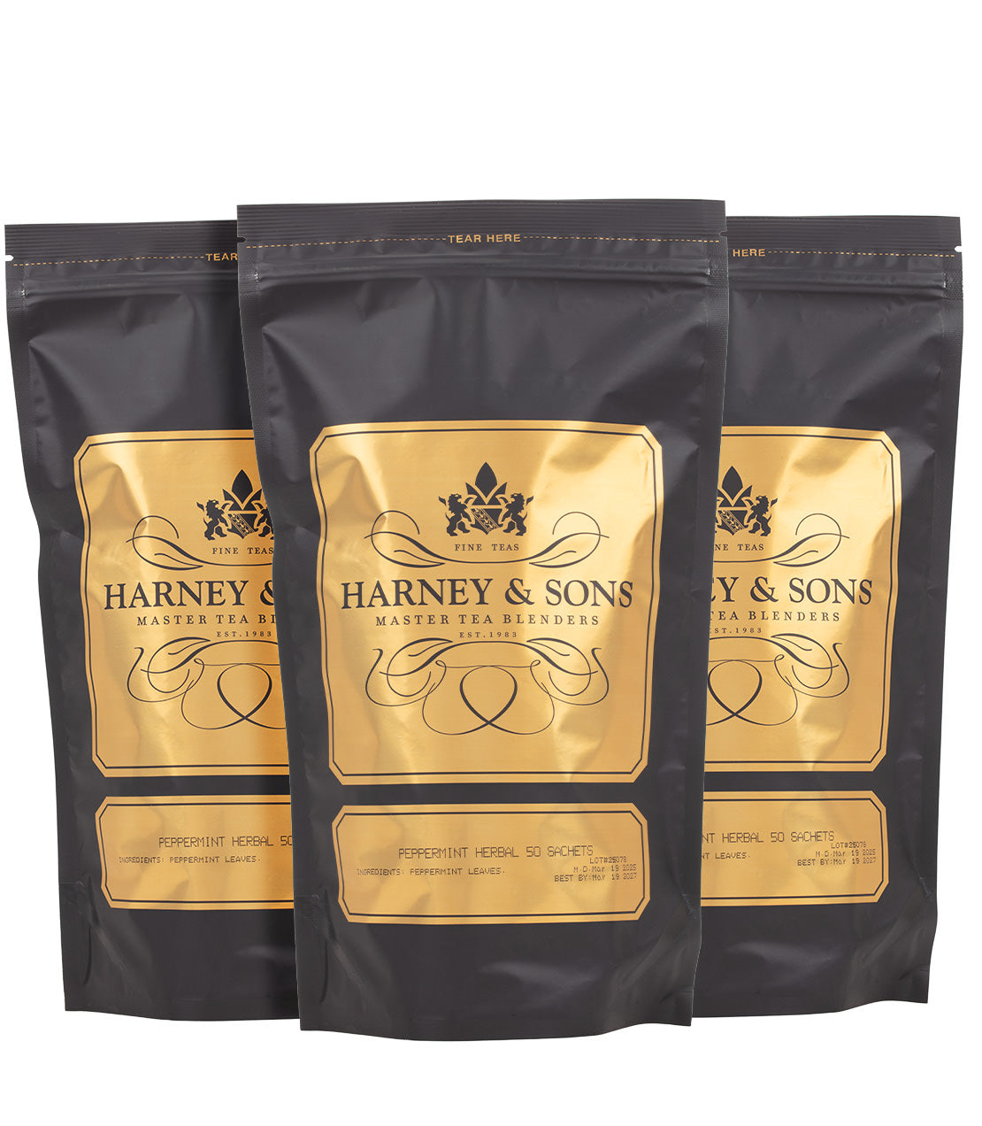3 Bulk Bags of Harney and Sons Peppermint Herbal Sachets on a white background
