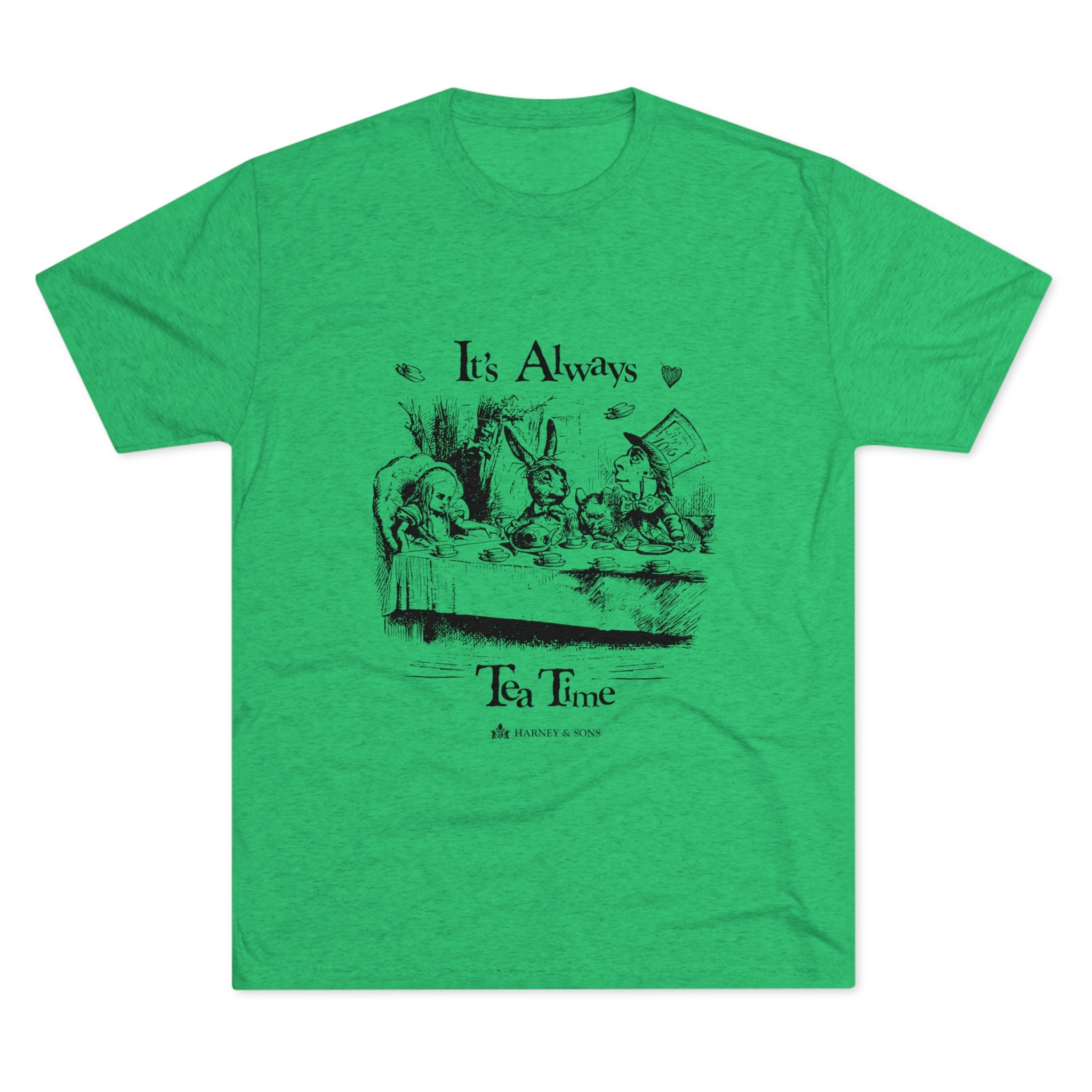 Green graphic tee featuring a whimsical tea party illustration with the text "It's Always Tea Time.