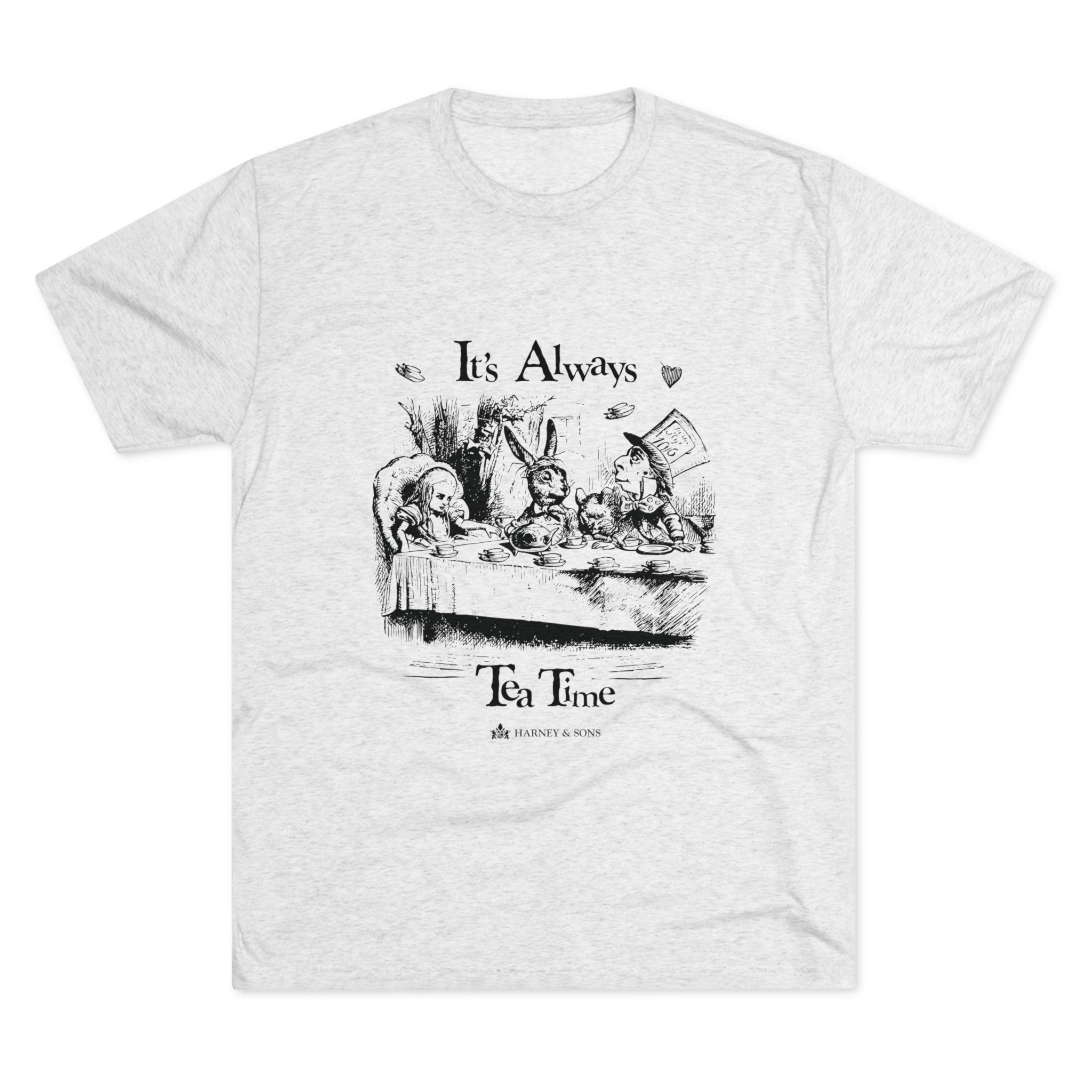 Gray graphic tee featuring an illustration of a whimsical tea party with the text "It's Always Tea Time.