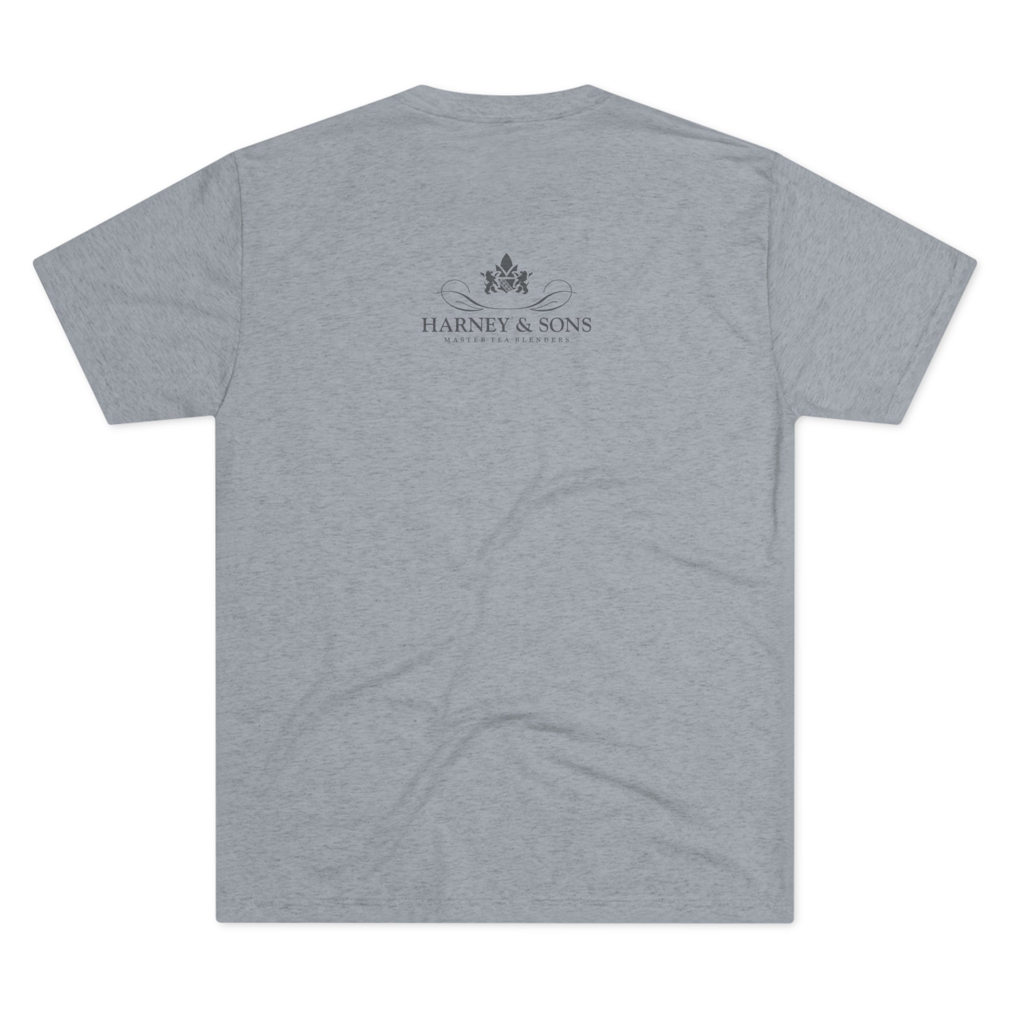 Gray graphic tee featuring "Harney & Sons" logo and decorative design on the back. Perfect for tea lovers.