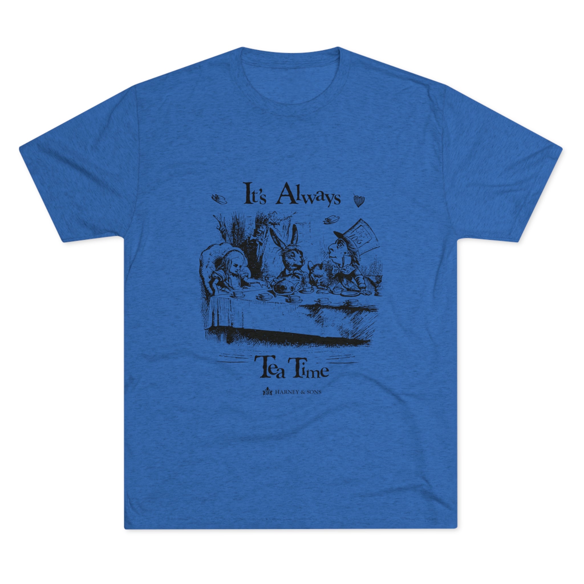 Blue graphic tee featuring an illustration of a whimsical tea party with the text "It's Always Tea Time.