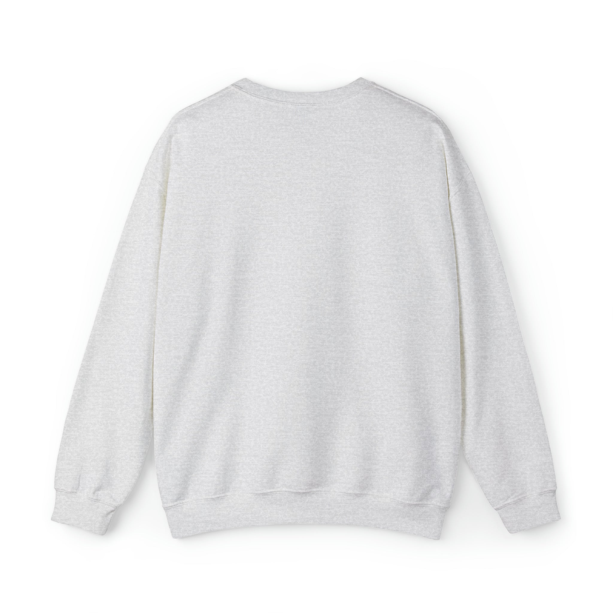 Back view of a light gray holiday sweater, featuring a classic crew neck and long sleeves. Perfect for festive occasions.