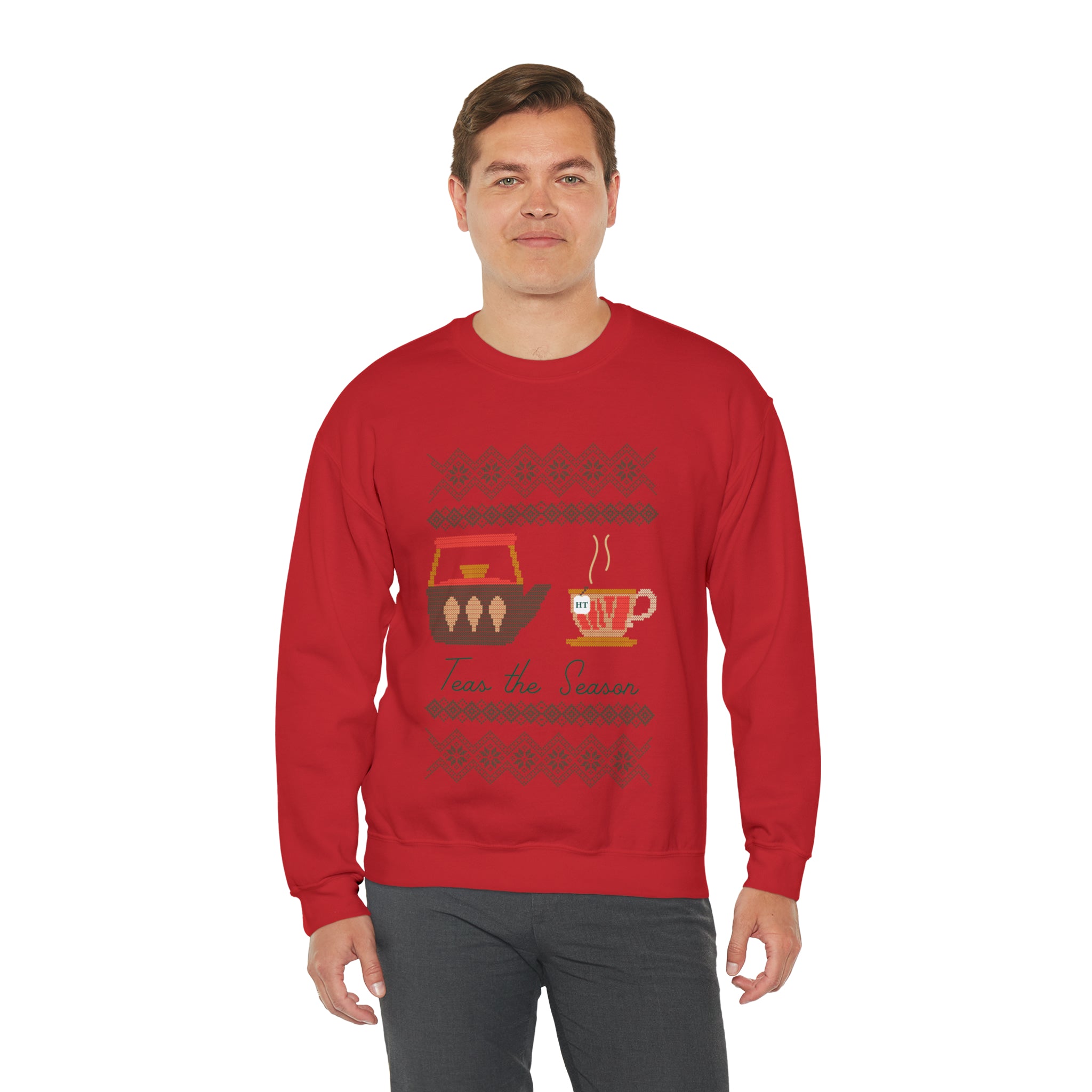 Red holiday sweater featuring a festive design with cups and the phrase "Teas The Season." Perfect for winter celebrations.
