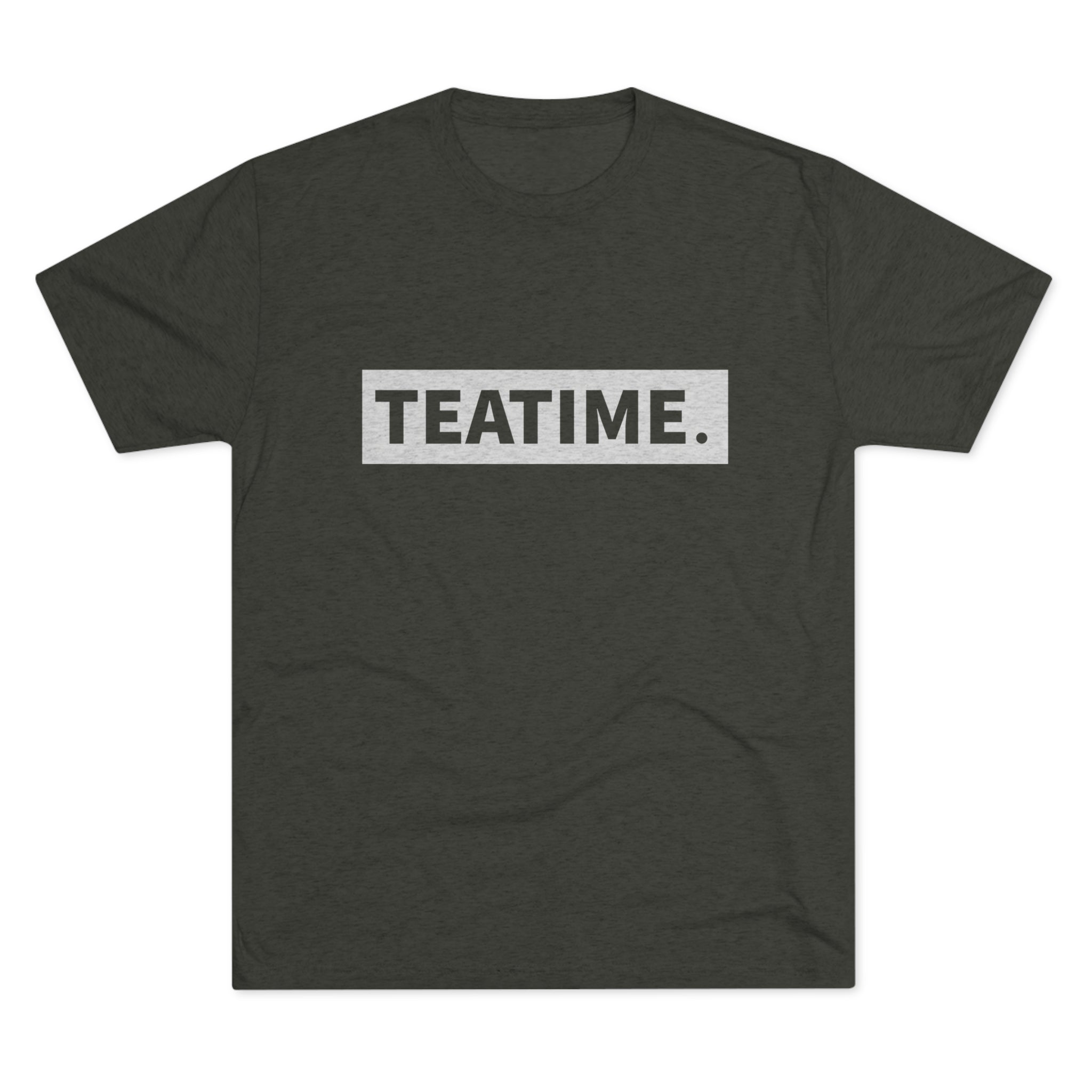 Olive green graphic tee featuring the word "TEATIME." in bold, white letters on a rectangular background.
