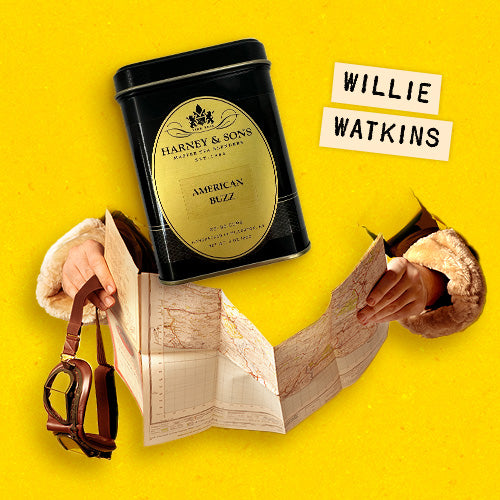 Willie Watkins with Harney & Sons American Buzz tea, holding a map and aviator goggles