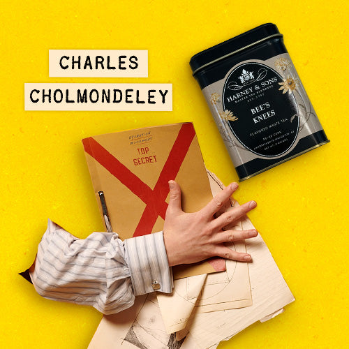 Charles Cholmondeley with Harney & Sons Bee's Knees tea, clutching a top secret folder