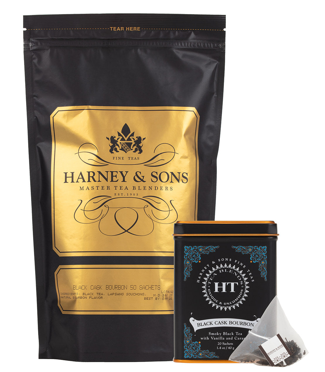 Black Cask Bourbon Lover Bundle featuring Harney & Sons tea sachets and a tin of Black Cask Bourbon tea.