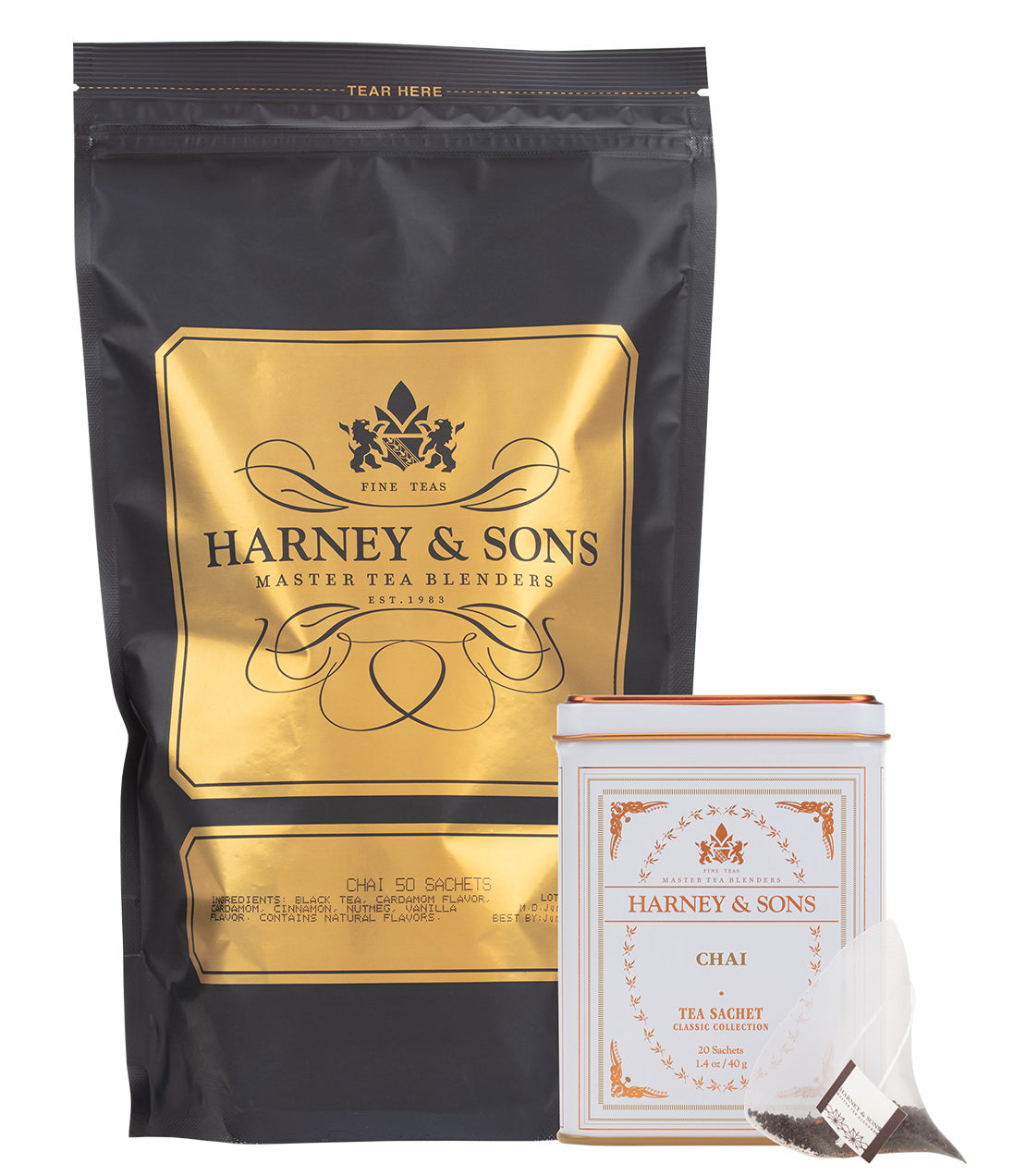 Harney & Sons Chai Lover Bundle featuring a 50-sachet bag and a decorative tin of chai tea sachets.