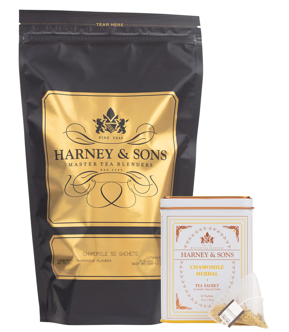 Chamomile Lover Bundle featuring a pouch of chamomile tea sachets and a decorative tin of chamomile herbal tea.