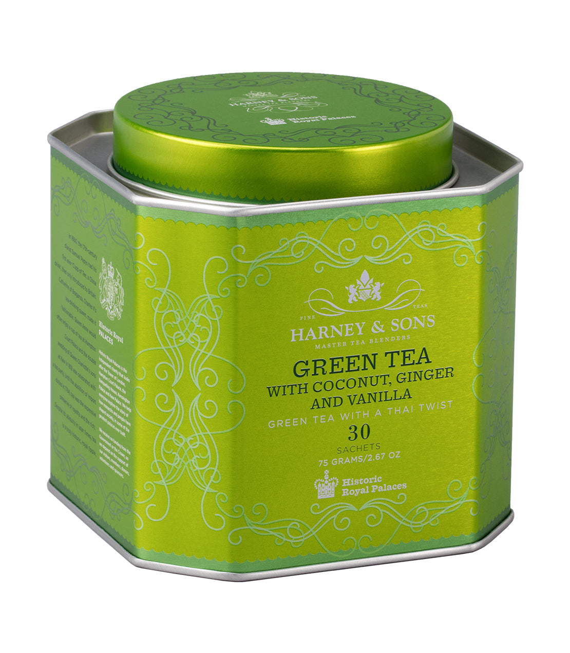 Harney & Sons Fine Teas- Historic Royal Palaces- Green Tea With Coconut, Ginger, and Vanilla- Green Tea With A Thai Twist- Green octagonal tin with white highlights and dark green font containing 30 sachets