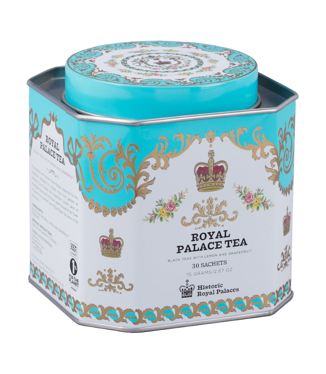 Historic Royal Palaces tea set featuring a decorative tin with blue accents and gold crown design, containing 30 sachets.