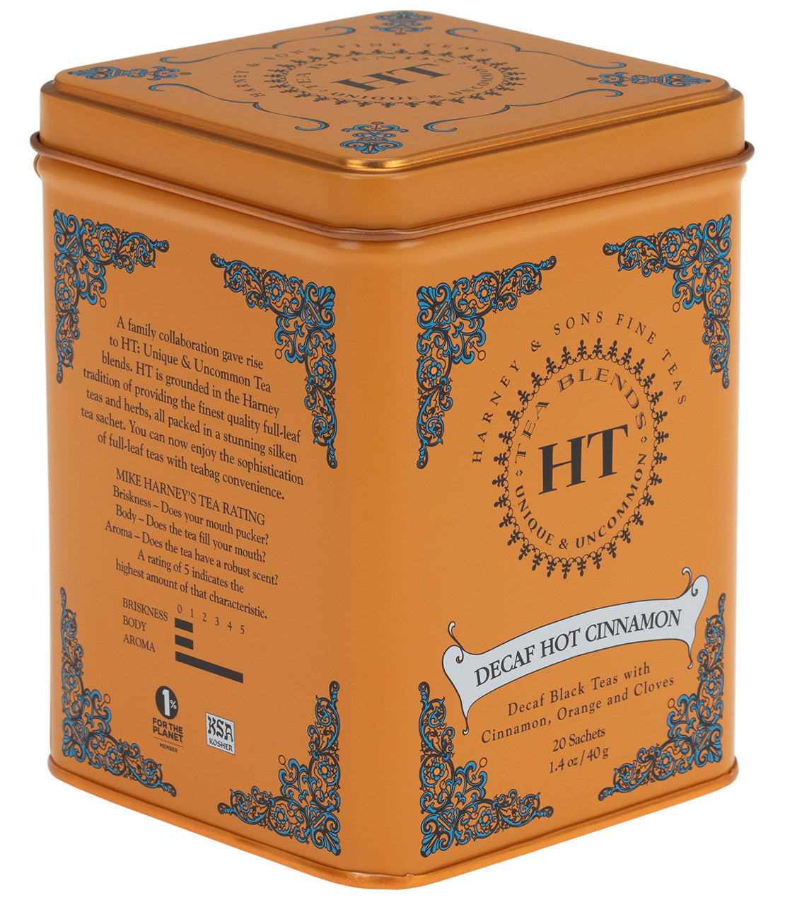 "Harney & Sons Decaf Hot Cinnamon Spice tea tin, featuring 20 sachets with cinnamon, orange, and clove flavors.