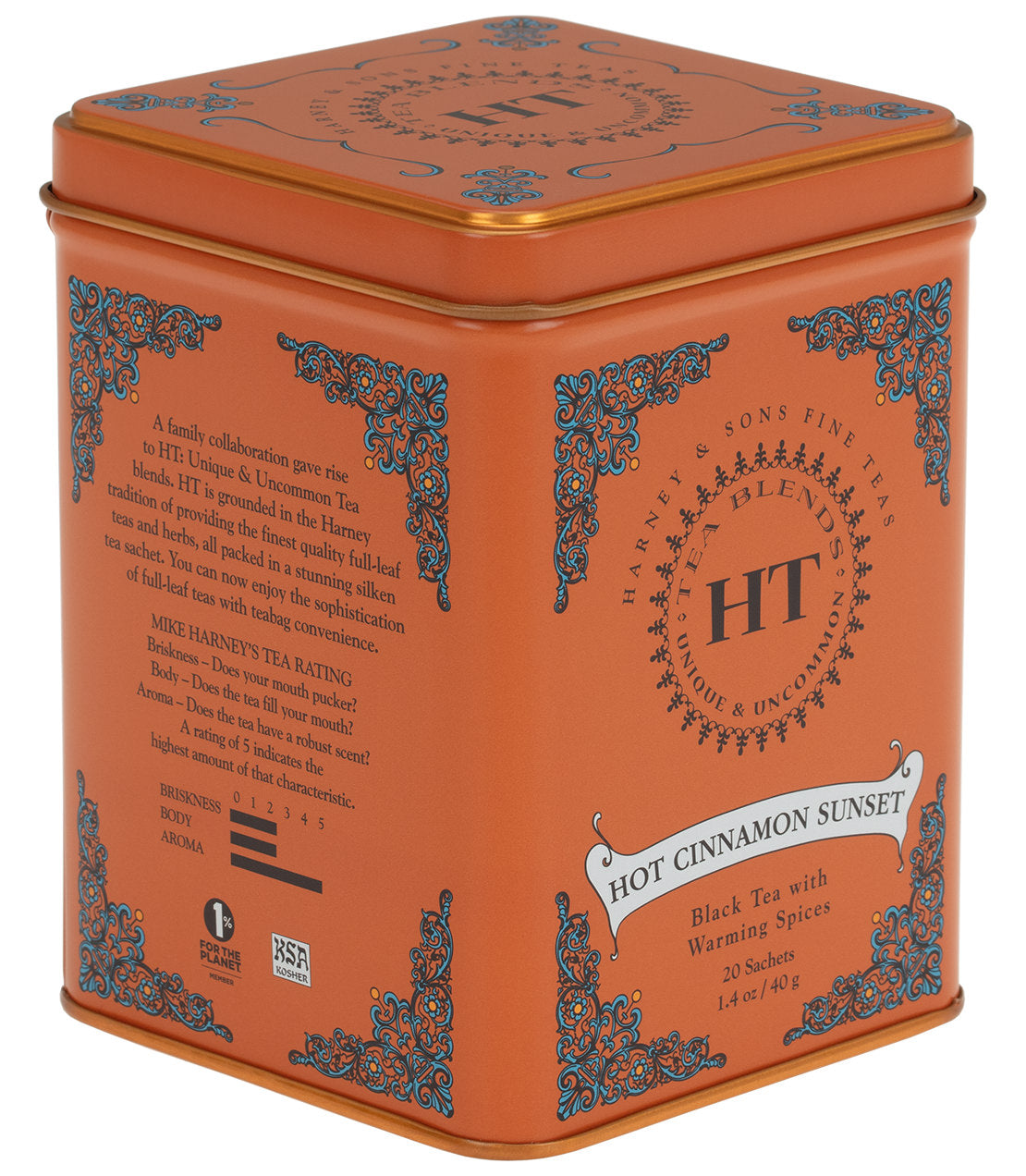 HT Hot Cinnamon Sunset tea tin, featuring vibrant orange design, contains 20 sachets of spiced black tea.