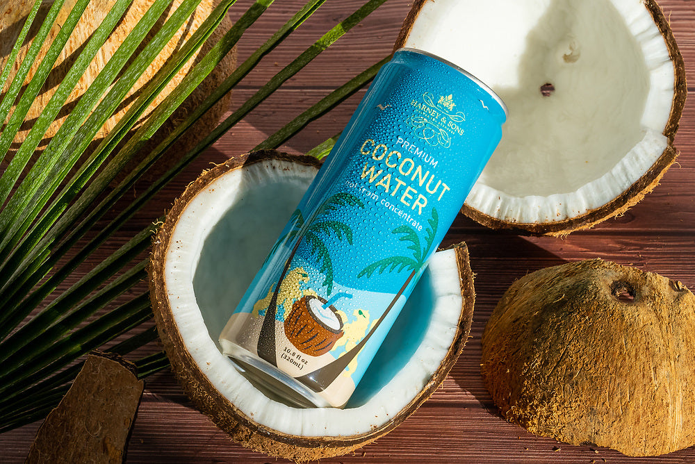 Chilled Harney & Sons Premium Coconut Water can resting inside a fresh cracked-open coconut with a palm frond, tropical still life.