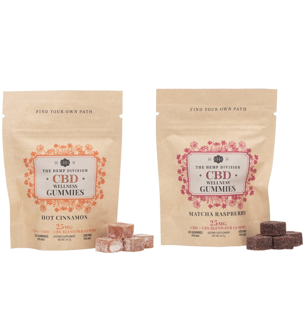 Hemp Gummies Bundle featuring Hot Cinnamon and Matcha Raspberry flavors, each with 250mg CBD per bag.