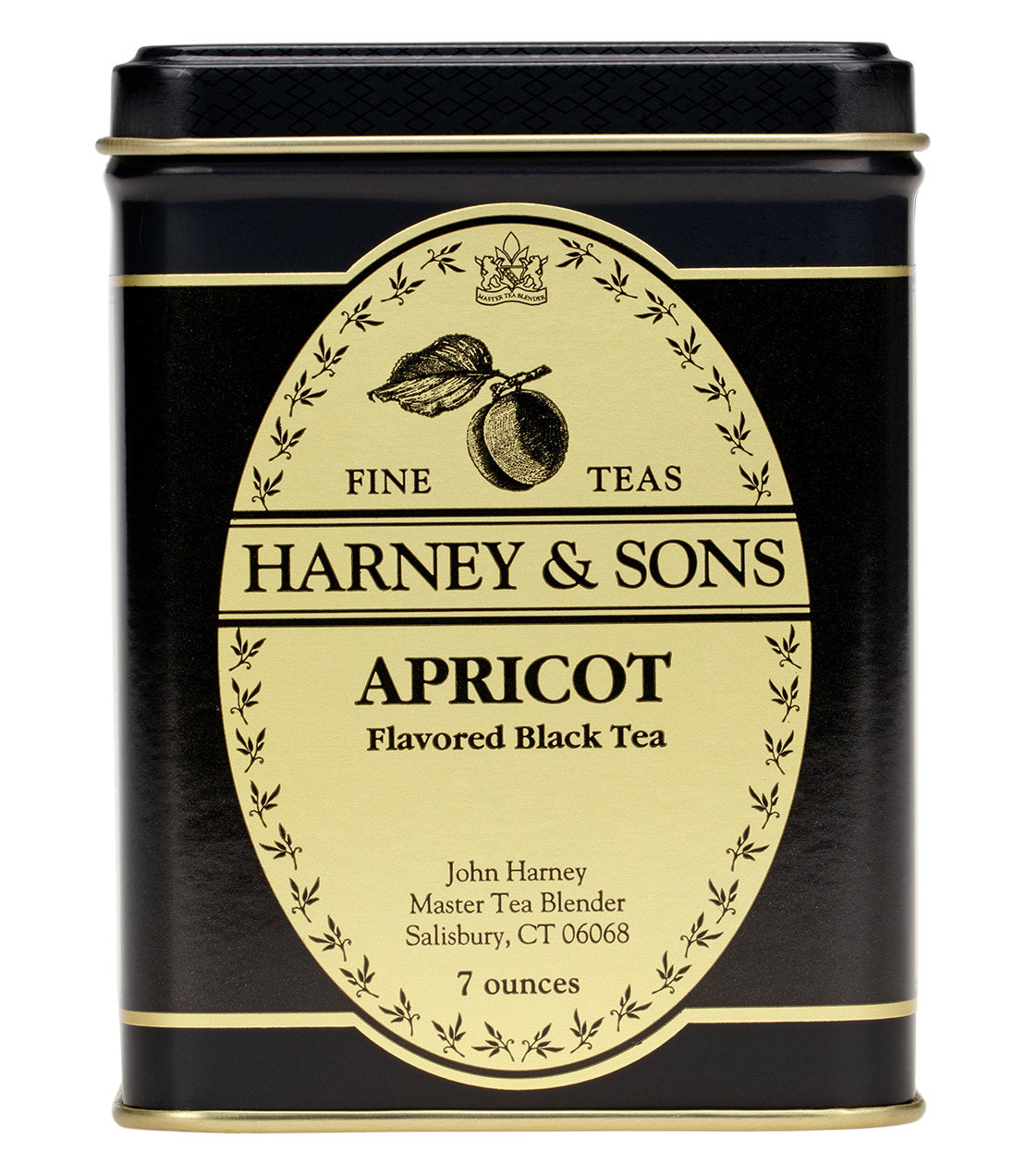 Black tea tin labeled "Apricot" by Harney & Sons, featuring a decorative design and 7-ounce capacity.