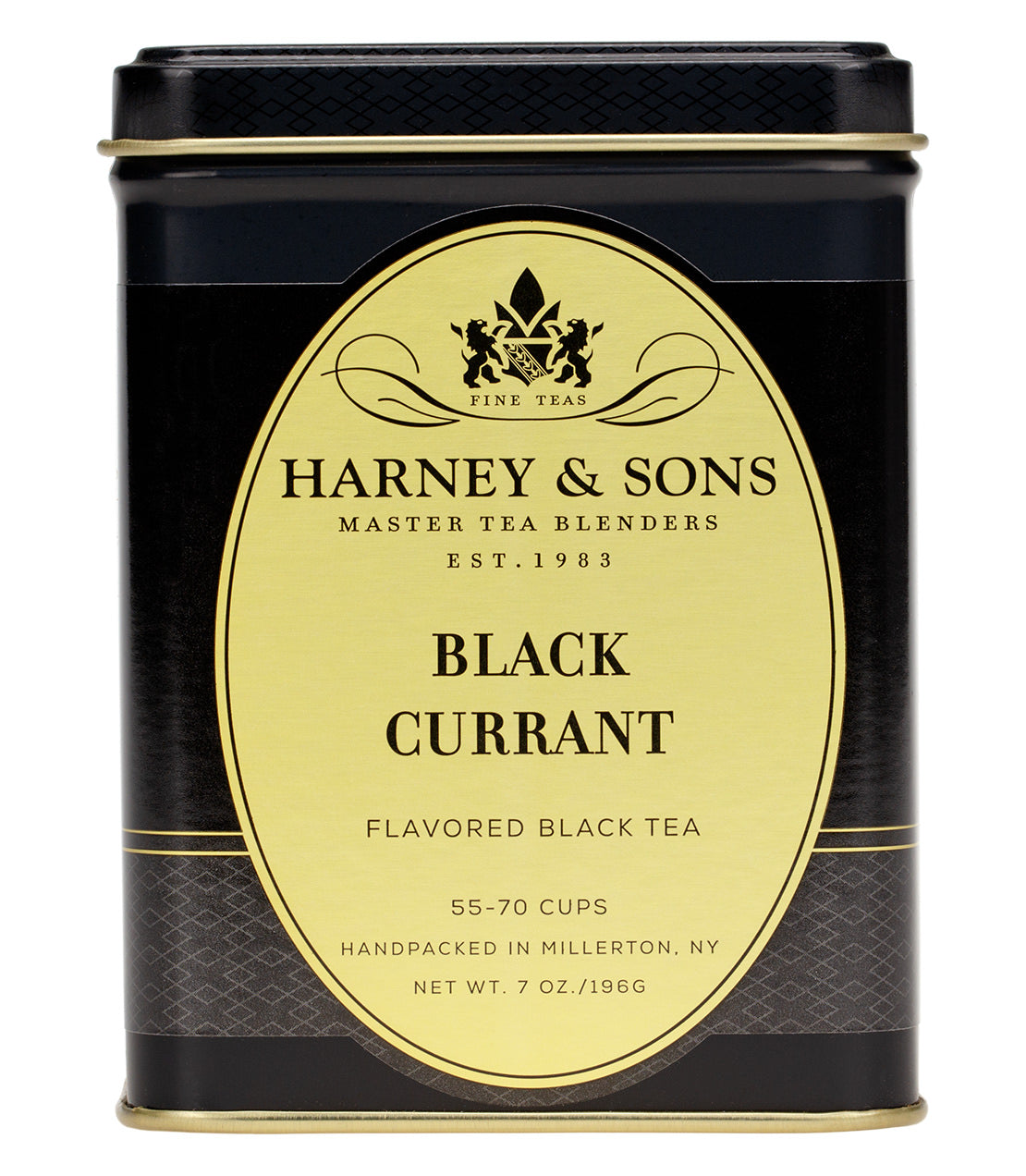 Black Currant Tea tin by Harney & Sons, featuring a gold label and black design, 7 oz, yields 55-70 cups.